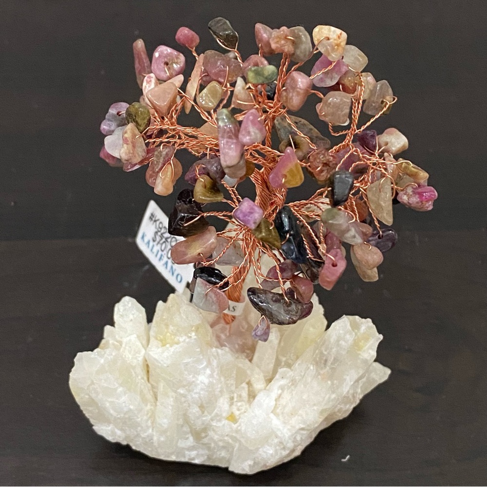KALIFANO Tourmaline Natural Gemstone Tree of Life with Quartz Base Home Decor